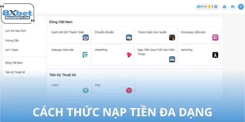 Tổng hợp các hình thức nạp tiền phổ biến nhà cái hiện có
